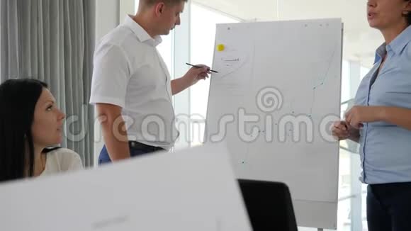 讨论业务发展的白板旁边的经理将业务发展变成图表形式视频的预览图