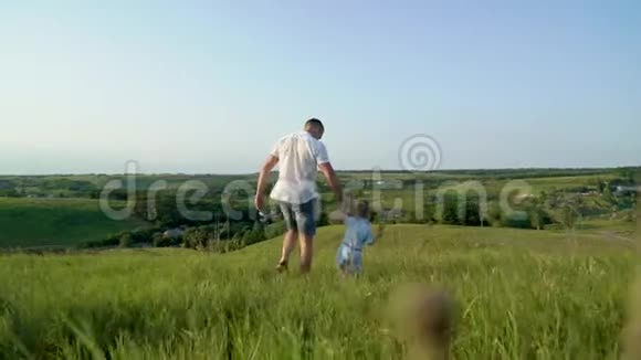 父女两人分享爱手牵手在高草地散步视频的预览图