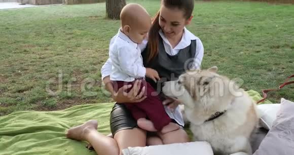 一家人漂亮的孩子穿着西装手里拿着年轻的妈妈在公园的绿草上牵着狗视频的预览图