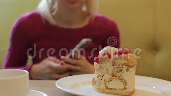 年轻女子在咖啡厅用手机拍博客上的美味甜点视频的预览图