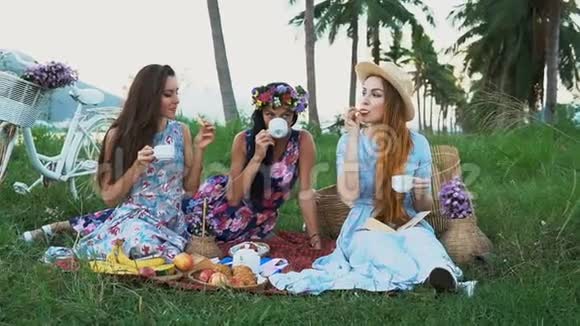 在乡下野餐女朋友享受野餐喝茶互相交谈视频的预览图