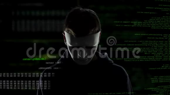 戴着面具的恐怖黑客戴上黑帽子网络恐怖主义和黑客攻击视频的预览图
