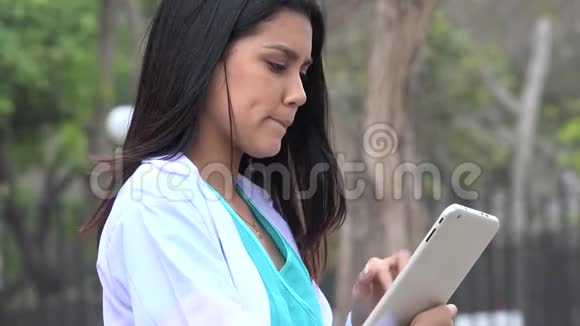 年轻女护士使用平板电脑视频的预览图