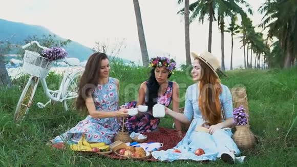 女朋友穿着裙子享受野餐倒茶玩得开心互相交谈视频的预览图