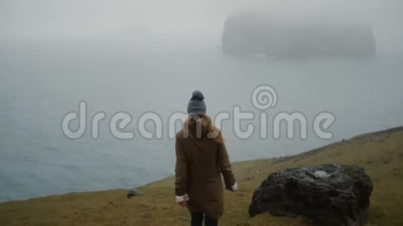 后观少女走在海边而思探索冰岛的自然视频的预览图