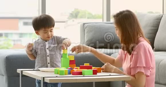 母子一起玩木块玩具视频的预览图
