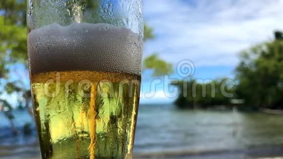 热带海滩酒吧的啤酒杯视频的预览图