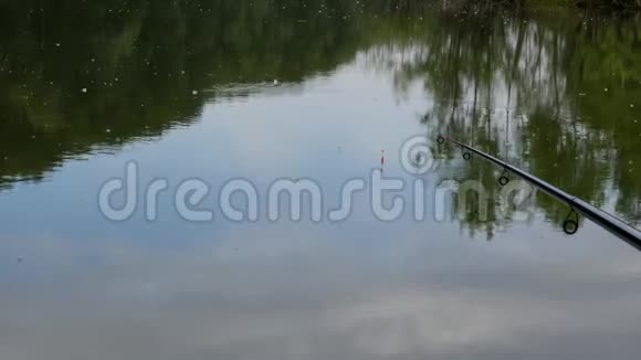 平静的湖面上等待被咬的鱼竿周末在水上云和树木在地表的反射视频的预览图