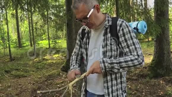 在树林里徒步旅行者用刀子磨树枝视频的预览图