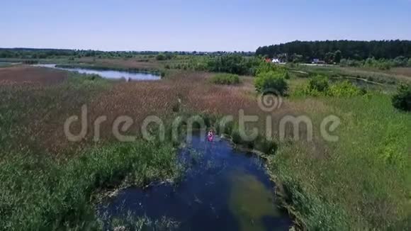无人驾驶飞机飞向天空一条有芦苇的河和一对游泳的皮艇视频的预览图