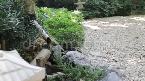 从木头喷口流出的水流入日本的石头花园视频的预览图