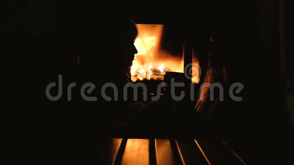 开朗的女性朋友坐在家里壁炉前聊天少女们在温暖的火炉旁聊天视频的预览图