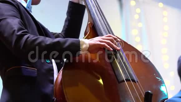 音乐家演奏弦乐器通过按压和按压以发出节拍的声音视频的预览图