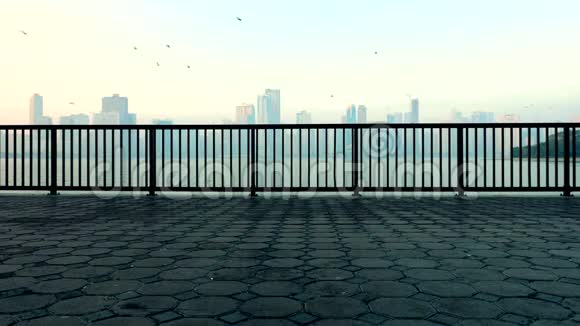 开场白的背景景观与瓷砖和芬斯在码头和海滨摩天大楼在夏天朦胧的一天视频的预览图