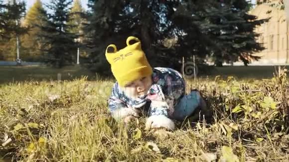 美丽的秋日可爱的女婴在公园里迈出第一步视频的预览图
