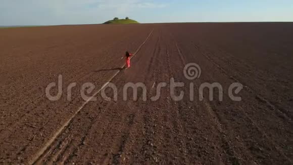 快乐的无忧无虑的女人穿着红色的长裙子在犁田里奔跑视频的预览图