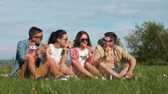 在塔林公园野餐的朋友吃披萨视频的预览图