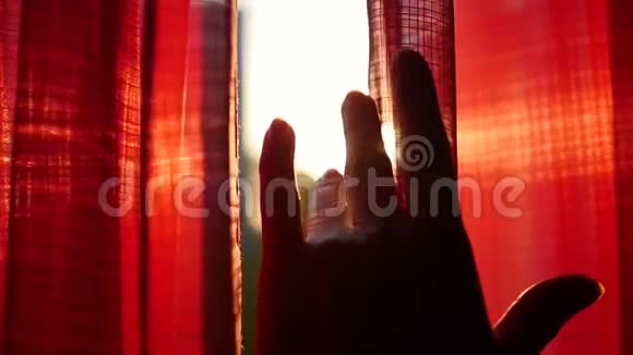 女孩打开红色的窗帘用手在阳光的光线下玩耍手工特写视频的预览图