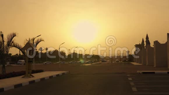街上夕阳西下长满了棕榈树大太阳视频的预览图