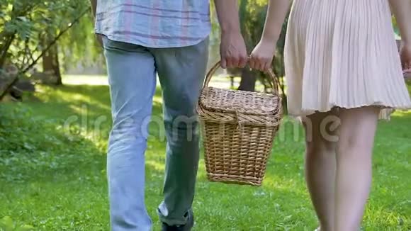 男女青年一起背着野餐篮公园里浪漫的约会视频的预览图