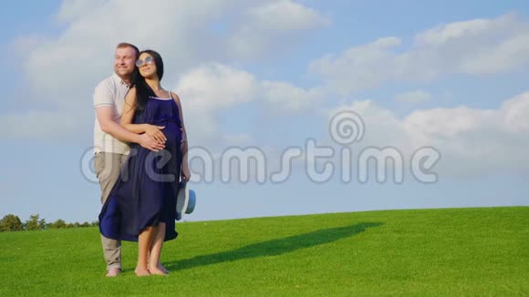 年轻的丈夫轻轻地抱着怀孕的妻子站在美丽的绿色草地上视频的预览图