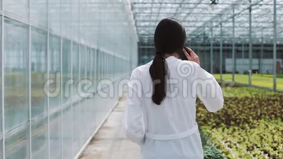 工人在温室里用手机和智能手机聊天从事温室工作的农业工程师视频的预览图