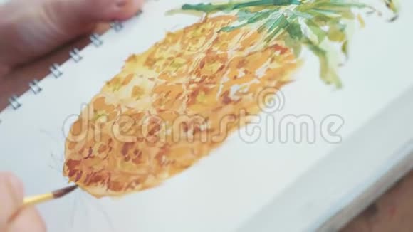 用画笔特写女性的手正在用水彩画菠萝视频的预览图