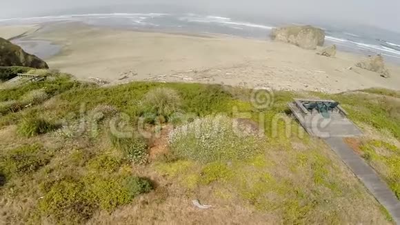 覆盖植物覆盖的悬崖和沙滩的无人机足迹视频的预览图