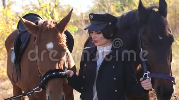 在秋日的阳光下一个女孩牵着两匹漂亮的马在缰绳后面视频的预览图