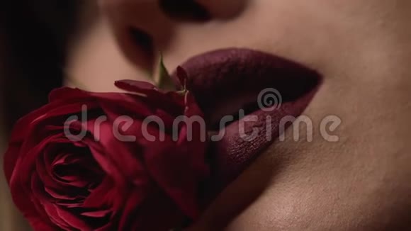 美丽漂亮的女士脸上的皮肤护理构成有机化妆品天然颜色唇膏花玫瑰在她的牙齿时尚视频的预览图