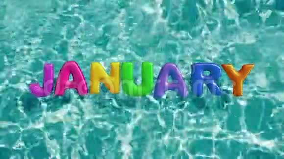 1月的消息个形状的充气游泳圈漂浮在清爽的蓝色游泳池里视频的预览图