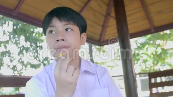 慢动作4K的快乐亚洲儿童穿着校服享受吃薯片的微笑视频的预览图