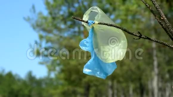 塑料袋挂在森林中央的树枝上视频的预览图