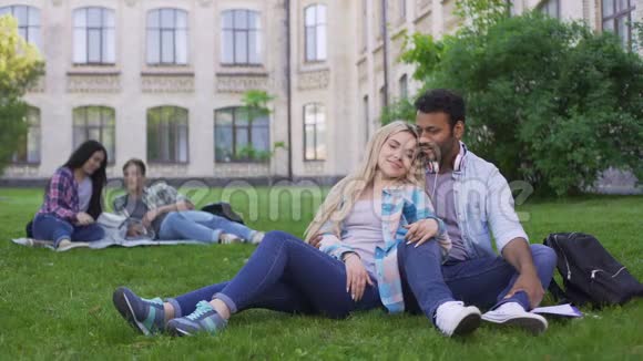 多种族夫妇在草地上放松交谈和微笑初恋学生视频的预览图