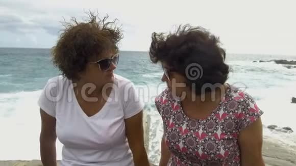 两个女人坐在海边的港口聊天视频的预览图