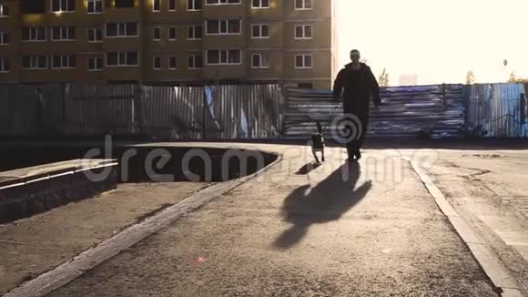 在城市的人行道上一个人带着一只狗在阳光下散步视频的预览图