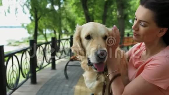 爱的年轻女人和她的狗在公园里休息视频的预览图
