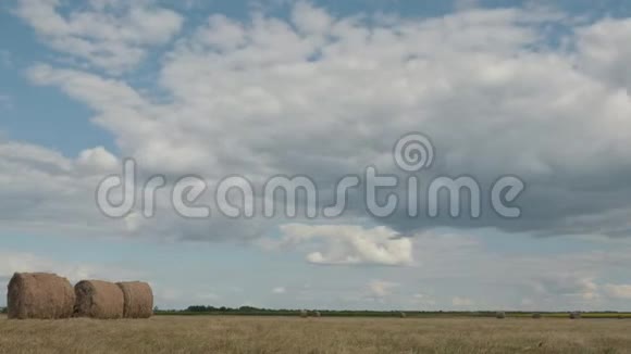 美丽的夏日农场风景与干草堆有劳斯莱斯和天空的田野景观农业概念视频的预览图