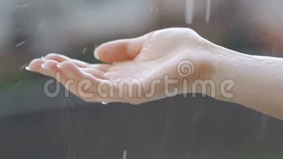 雨点落在一个年轻女子的手中视频的预览图