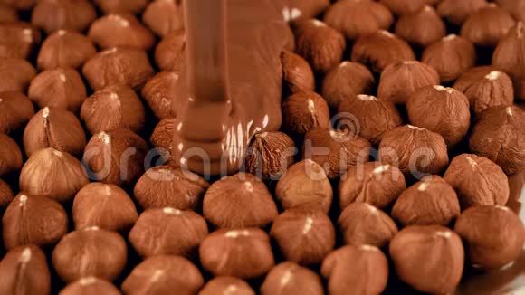 将融化的巧克力倒入坚果上甜点烹饪慢动作镜头视频的预览图