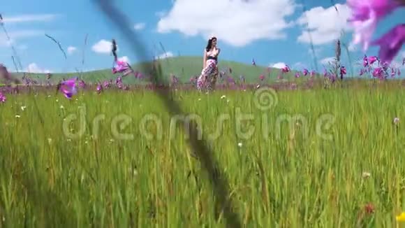 年轻美丽的幸福女子留在草地上长裙迎风飘扬戴着花圈的漂亮少女视频的预览图