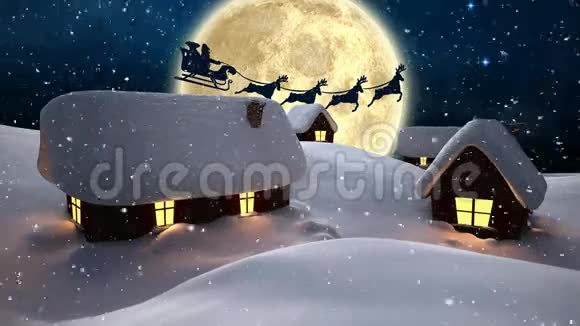 带雪的夜间视频构图带雪橇的圣诞老人的冬季风景视频的预览图