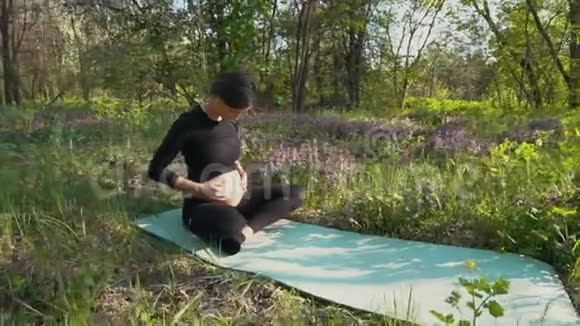 孕妇抚摸着坐在草地上的小肚子视频的预览图