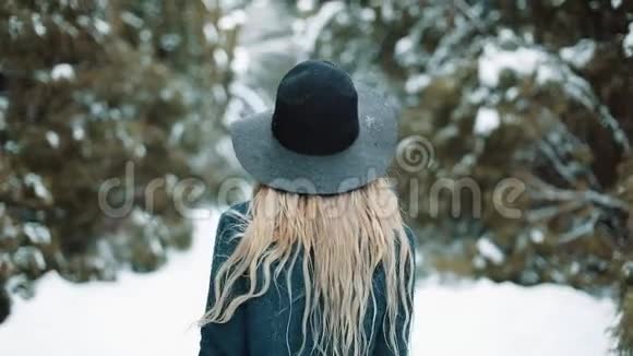 从后面看着戴着绿色帽子和外套的女士在冬天的森林里走来走去女孩看着镜头摆姿势视频的预览图