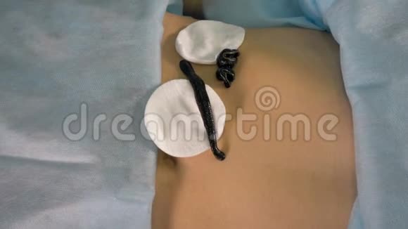 两只蠕动的水蛭躺在妇女的腹部近距离观察4K视频的预览图