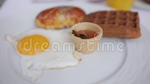 街上的一盘早餐蜜蜂吃盘子里的蜂蜜视频的预览图