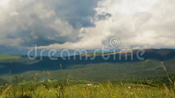 上面有云天的野花绿草地美丽的山景视频的预览图