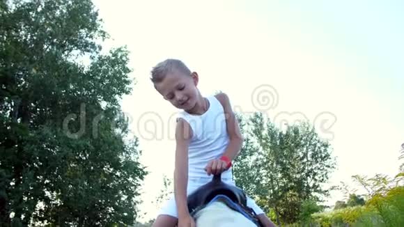 一个七岁的男孩穿着白色T恤坐在一匹小马上抚摸着他开朗家庭假期愉快户外在视频的预览图