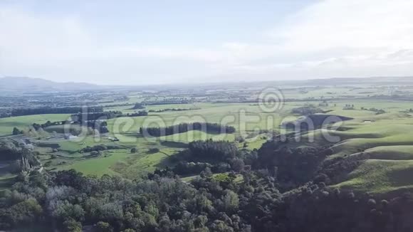 令人惊叹的新西兰丛林和农田景观4k空中飞机视频的预览图