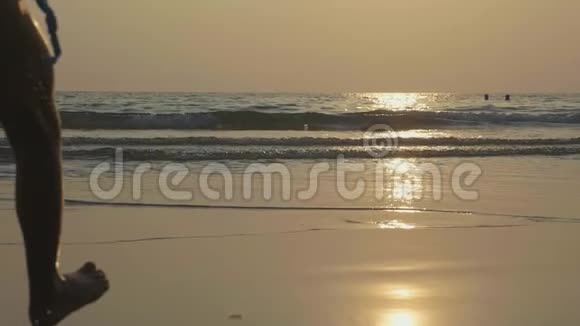 幸福的孩子在美丽的夕阳下奔向大海的剪影视频的预览图